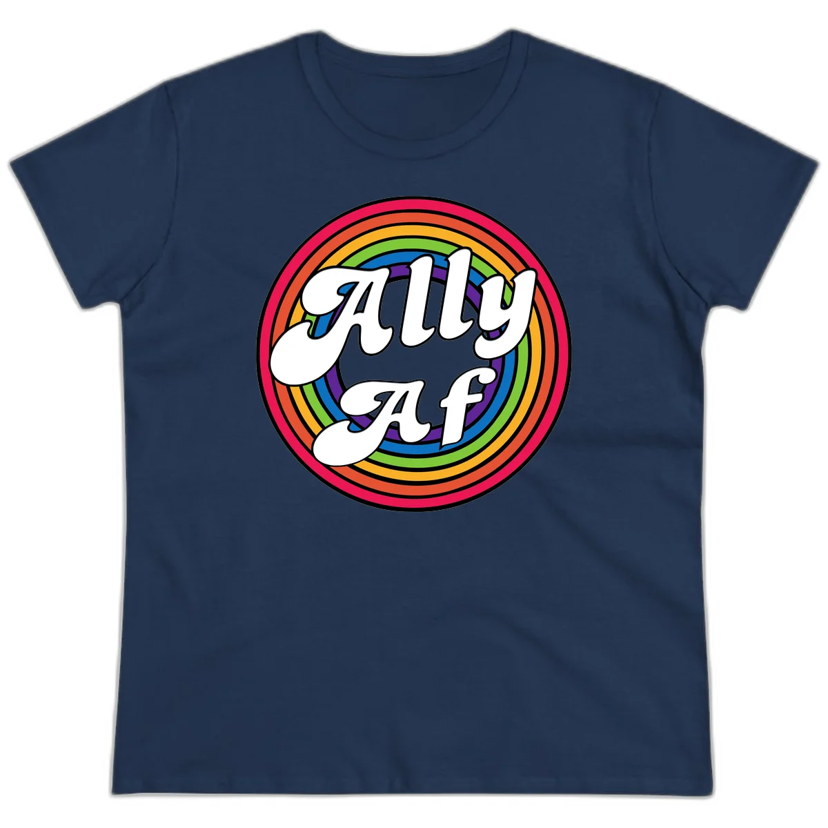 Ally AF pride design with white text surrounded by concentric rainbow circles in full spectrum colors in Navy