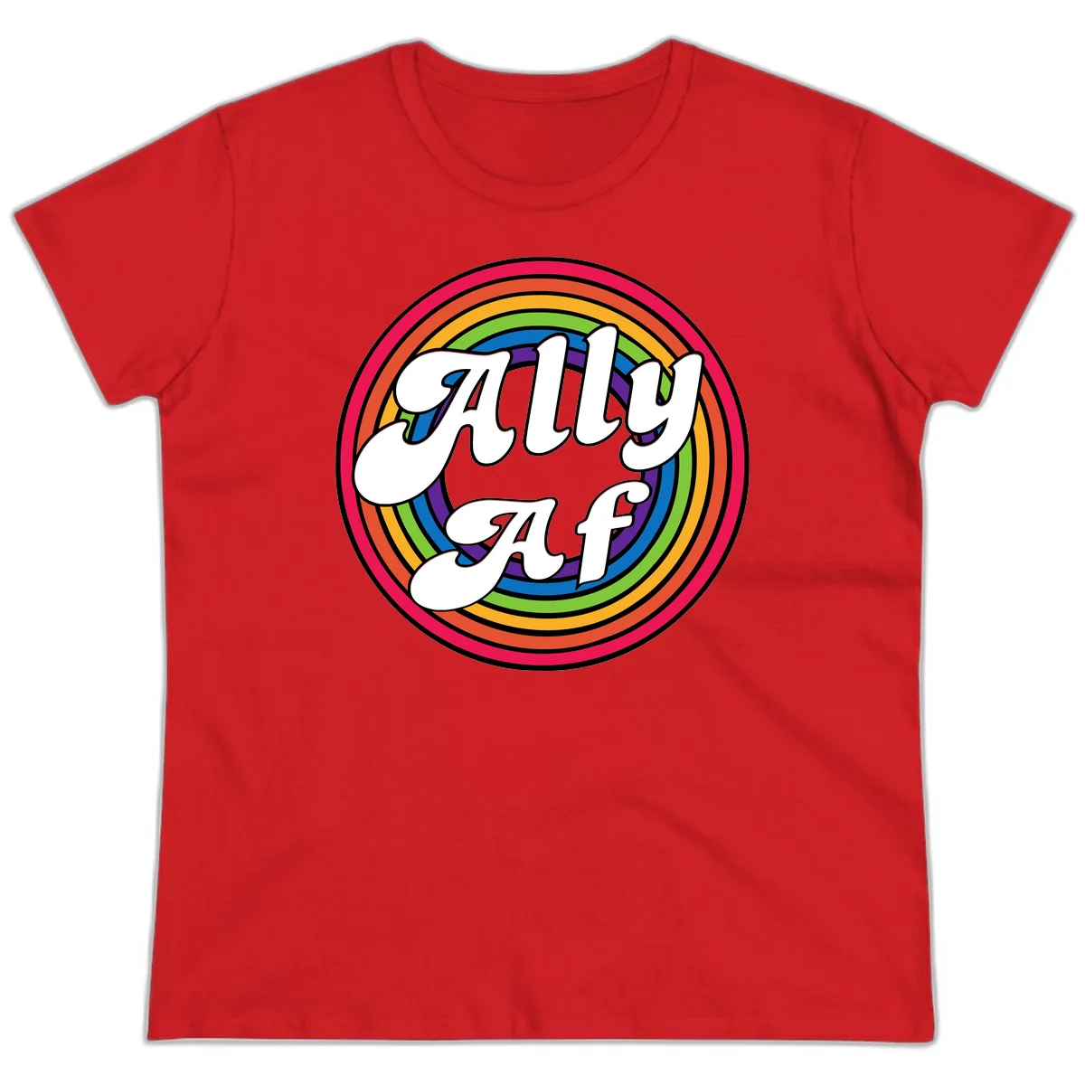 Ally AF pride design with white text surrounded by concentric rainbow circles in full spectrum colors in Red