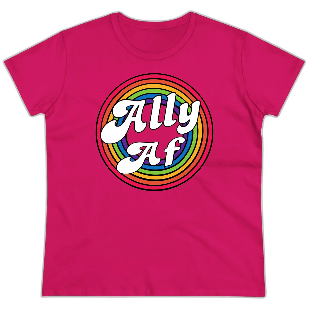 Ally AF pride design with white text surrounded by concentric rainbow circles in full spectrum colors in Heliconia