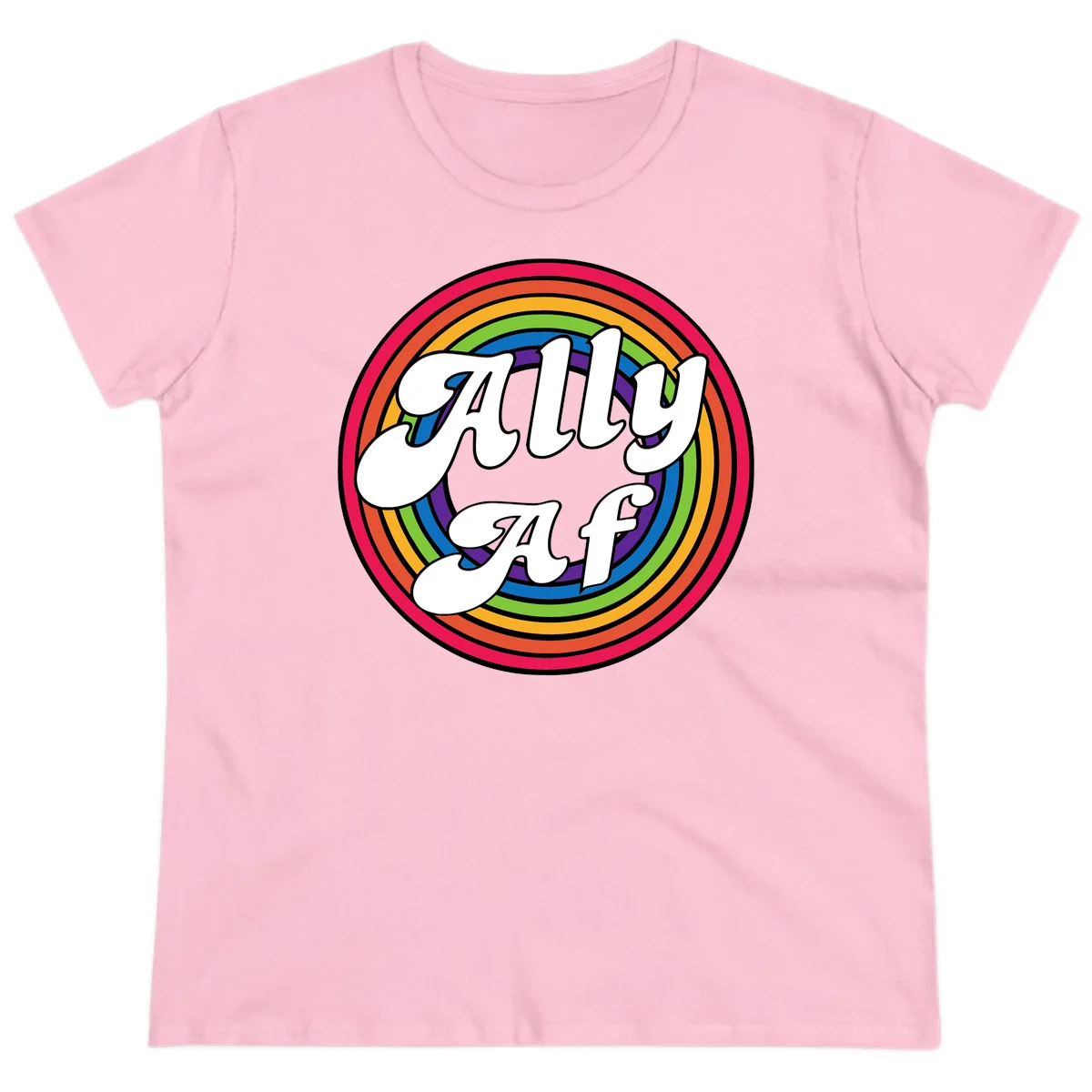 Ally AF pride design with white text surrounded by concentric rainbow circles in full spectrum colors in Light Pink