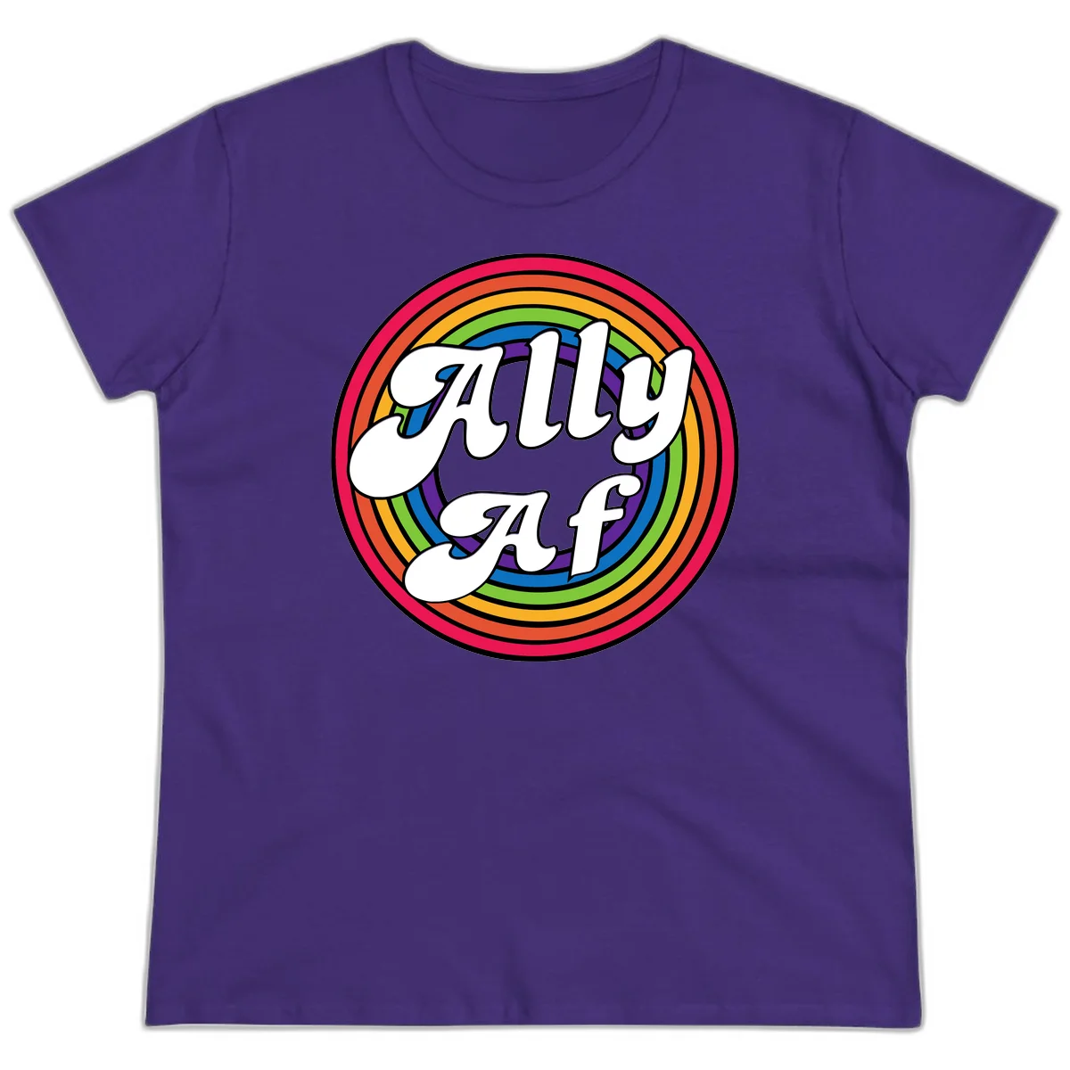 Ally AF pride design with white text surrounded by concentric rainbow circles in full spectrum colors in Purple