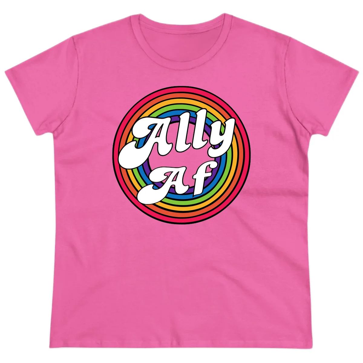 Ally AF pride design with white text surrounded by concentric rainbow circles in full spectrum colors in Azalea