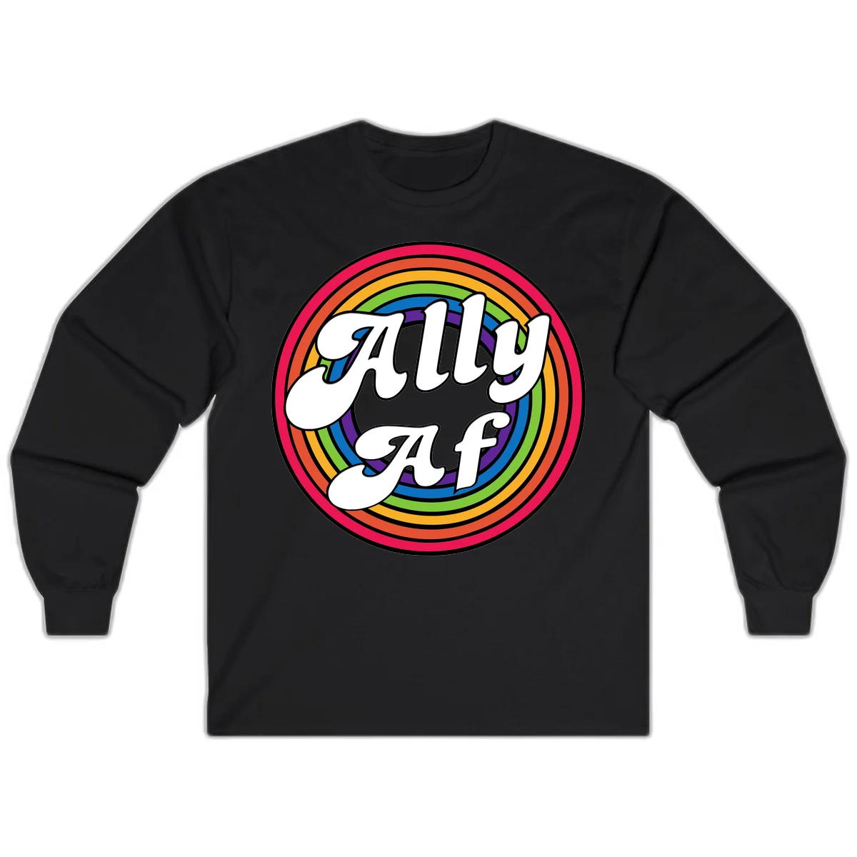 Ally AF pride design with white text surrounded by concentric rainbow circles in full spectrum colors in Black