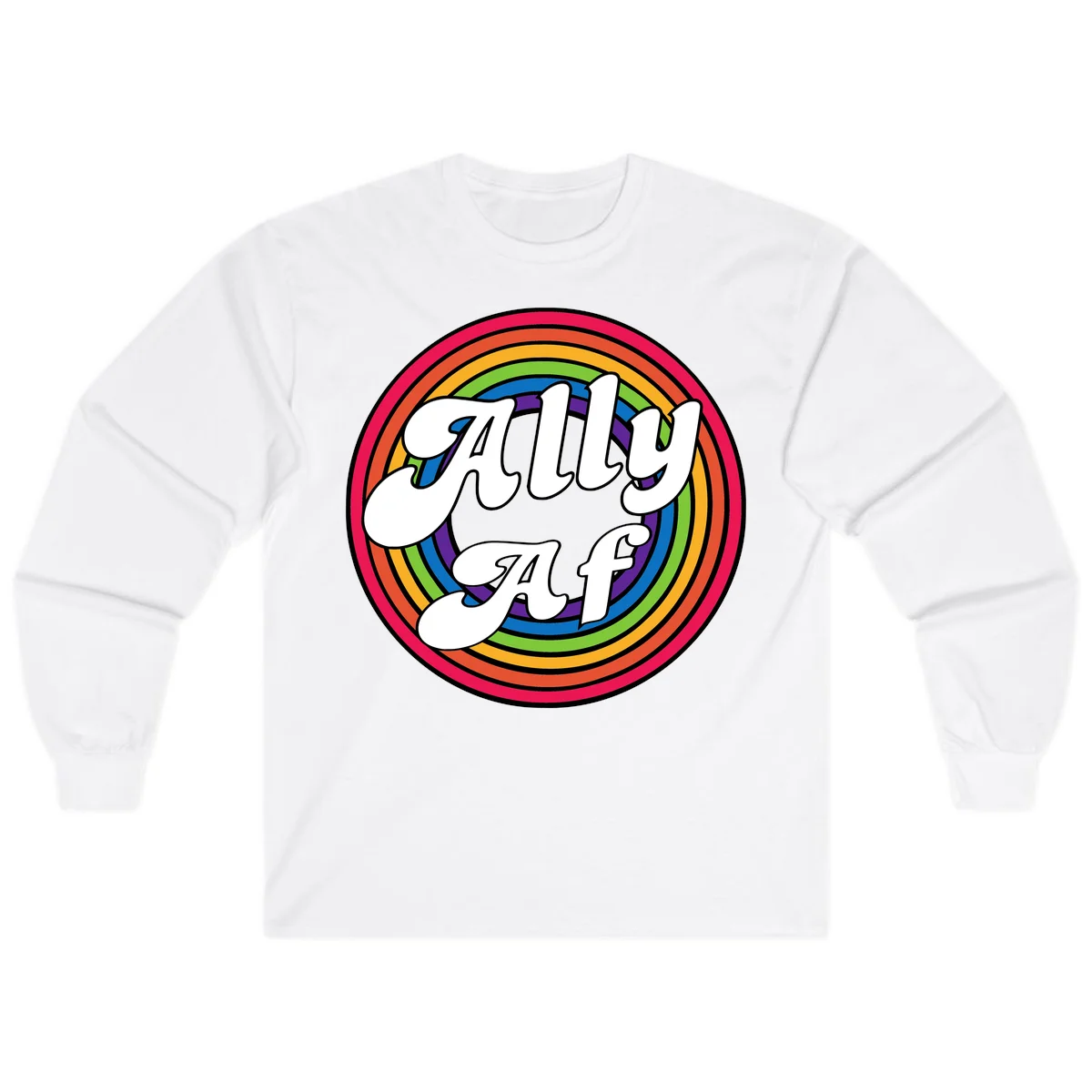 Ally AF pride design with white text surrounded by concentric rainbow circles in full spectrum colors in White