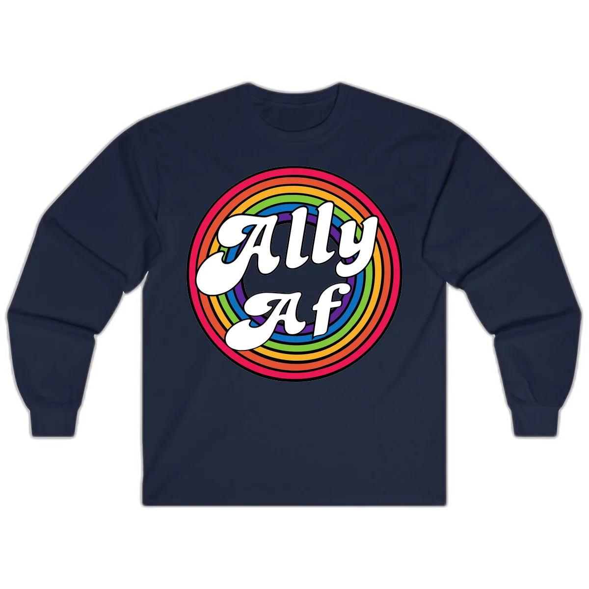 Ally AF pride design with white text surrounded by concentric rainbow circles in full spectrum colors in Navy