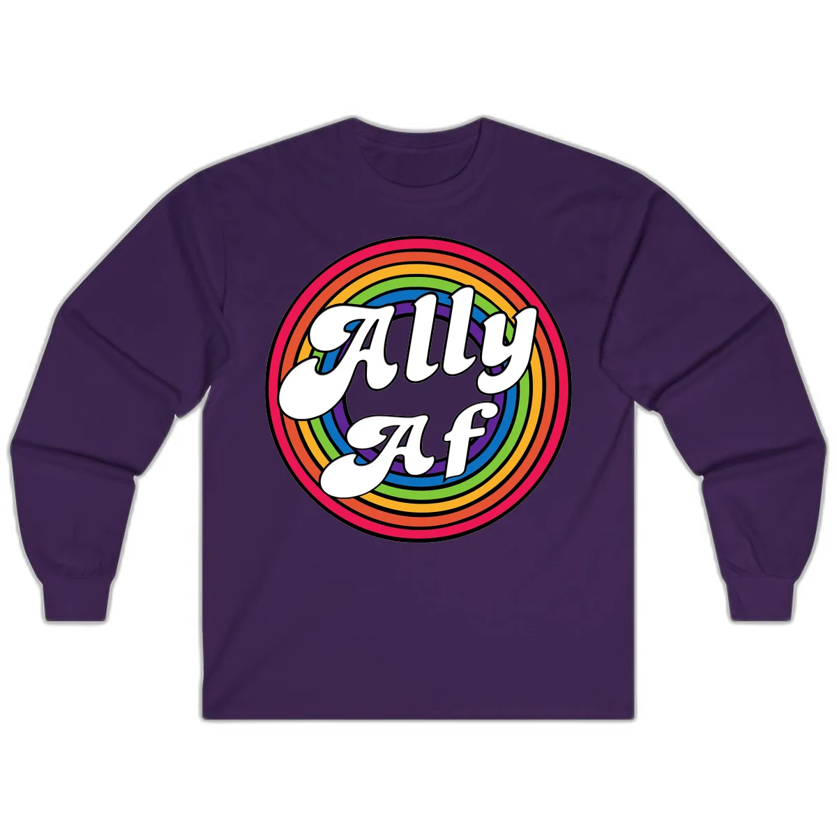 Ally AF pride design with white text surrounded by concentric rainbow circles in full spectrum colors in Purple