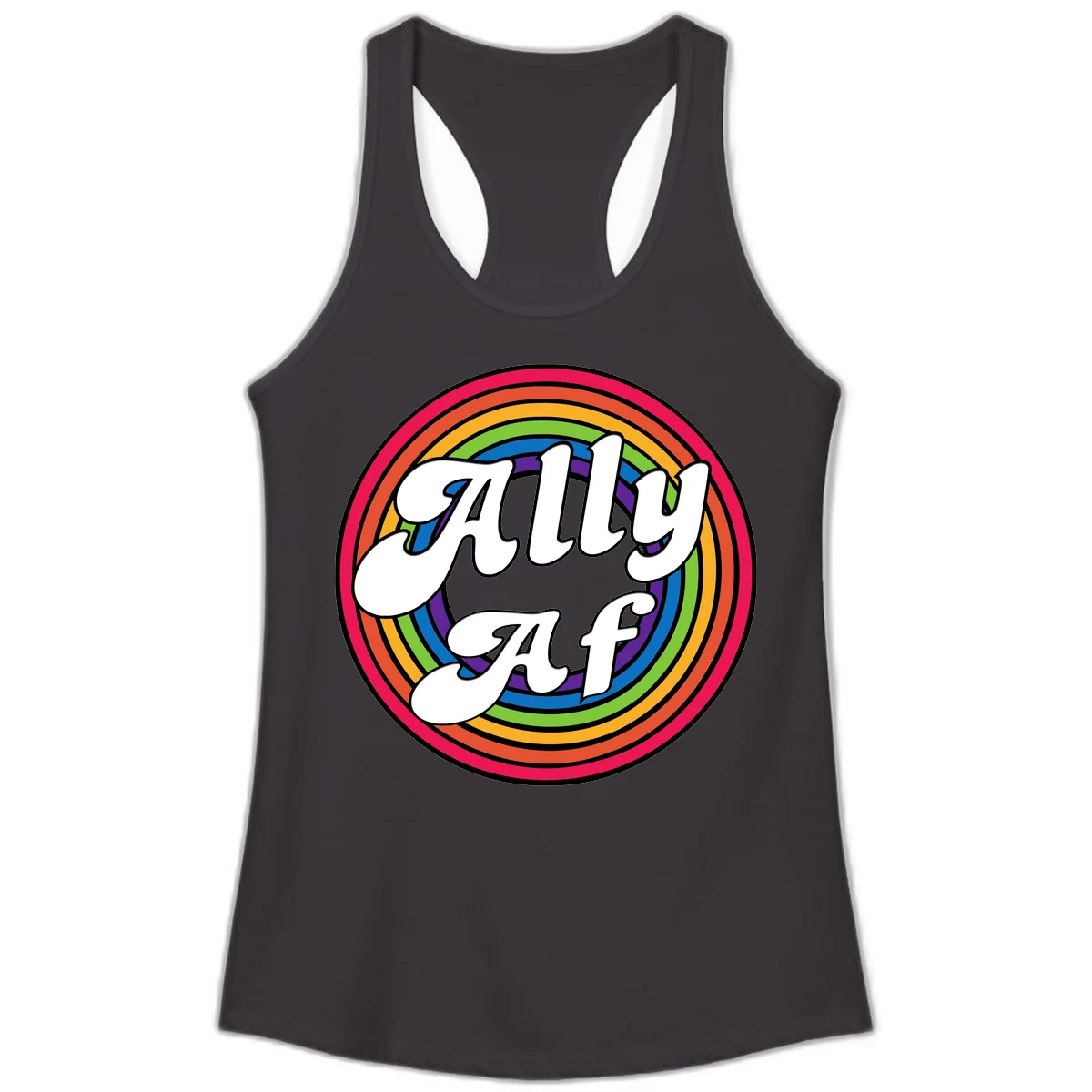Ally AF pride design with white text surrounded by concentric rainbow circles in full spectrum colors in Black