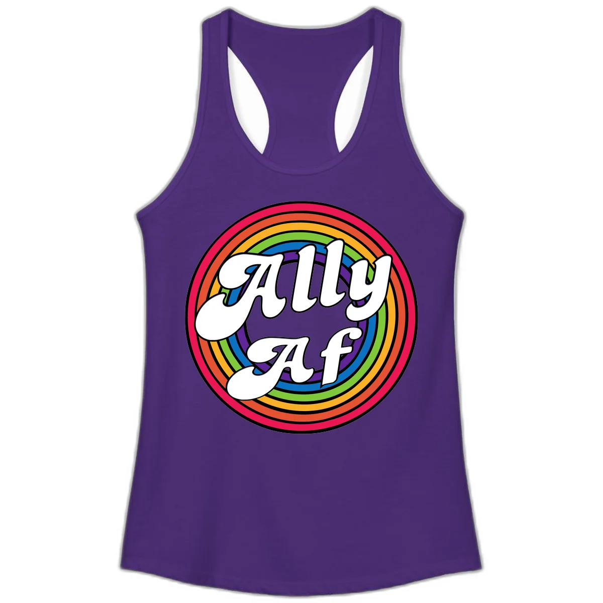 Ally AF pride design with white text surrounded by concentric rainbow circles in full spectrum colors in Solid Purple Rush