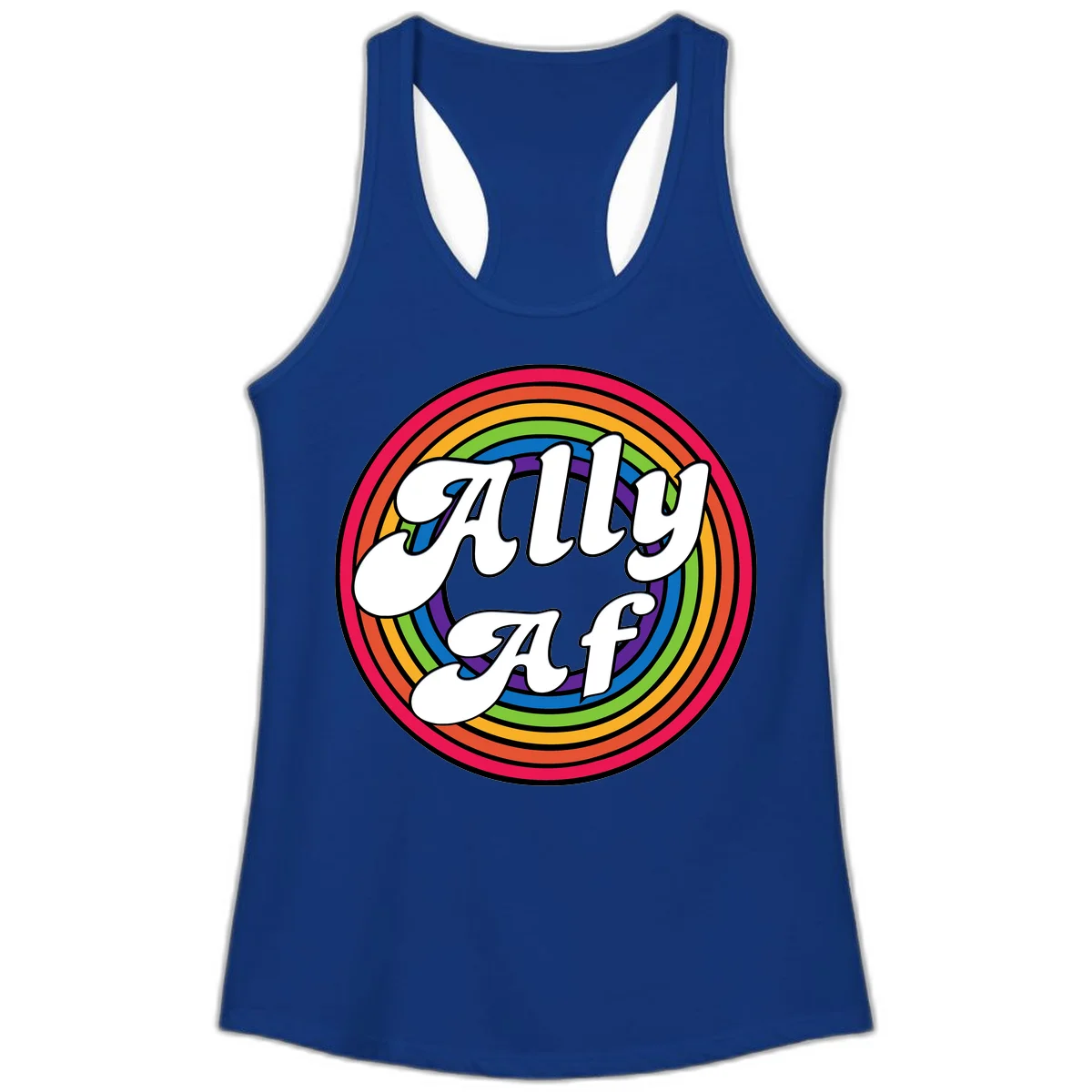 Ally AF pride design with white text surrounded by concentric rainbow circles in full spectrum colors in Solid Royal