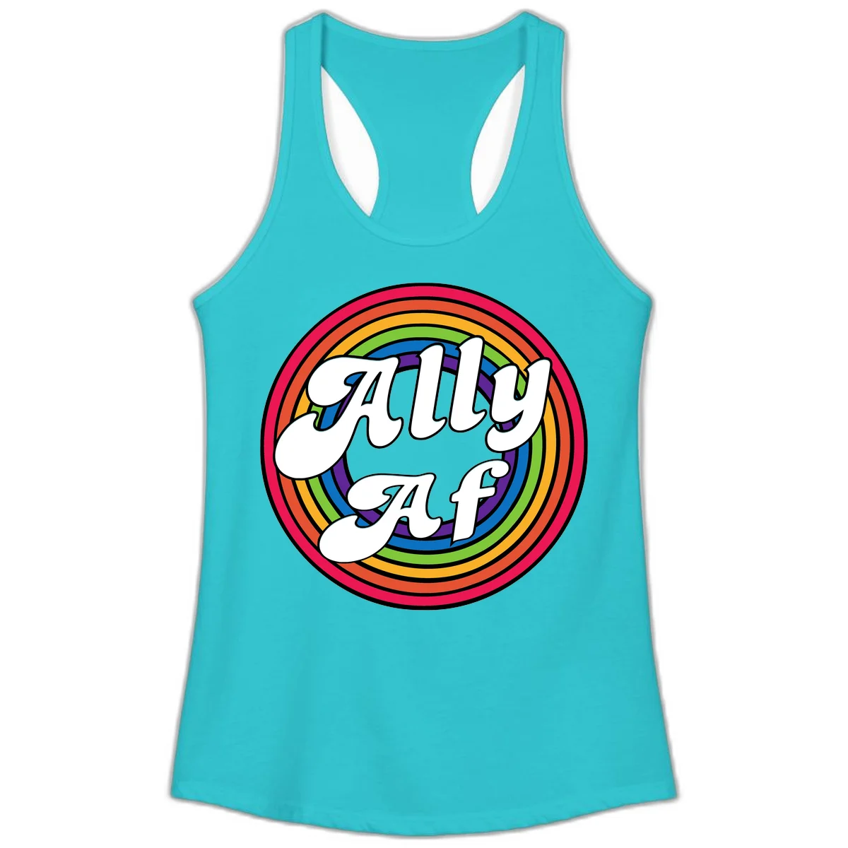 Ally AF pride design with white text surrounded by concentric rainbow circles in full spectrum colors in Solid Tahiti Blue