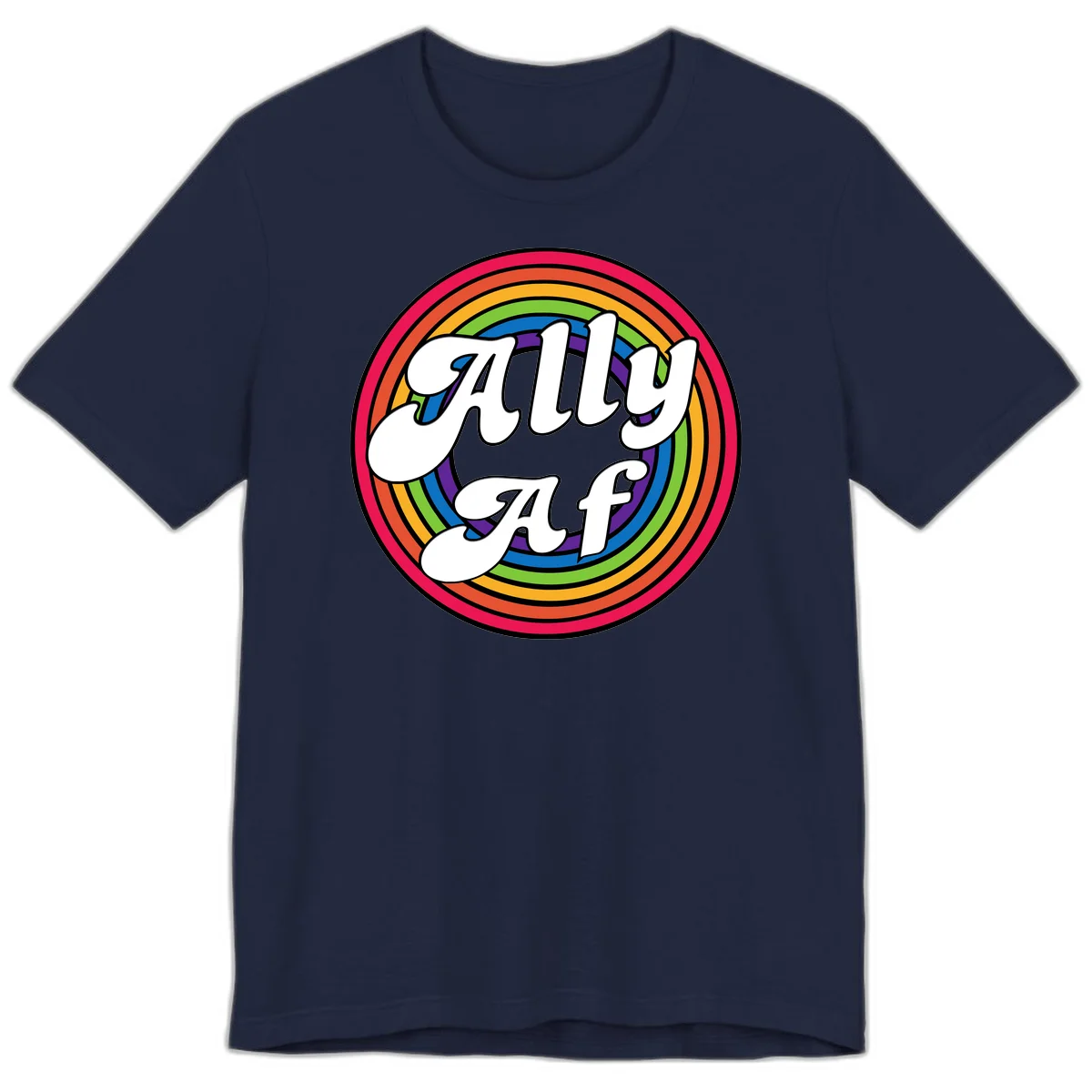 Ally AF pride design with white text surrounded by concentric rainbow circles in full spectrum colors in Navy