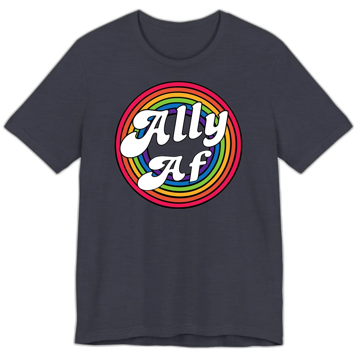 Ally AF pride design with white text surrounded by concentric rainbow circles in full spectrum colors in Heather Midnight Navy