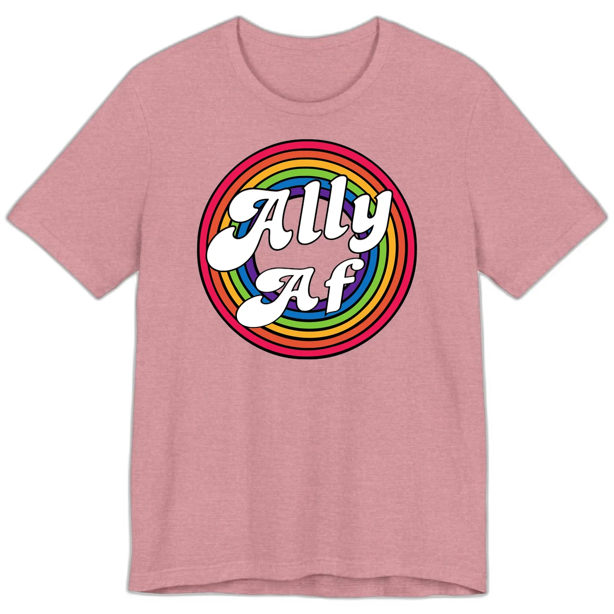 Ally AF pride design with white text surrounded by concentric rainbow circles in full spectrum colors in Heather Orchid