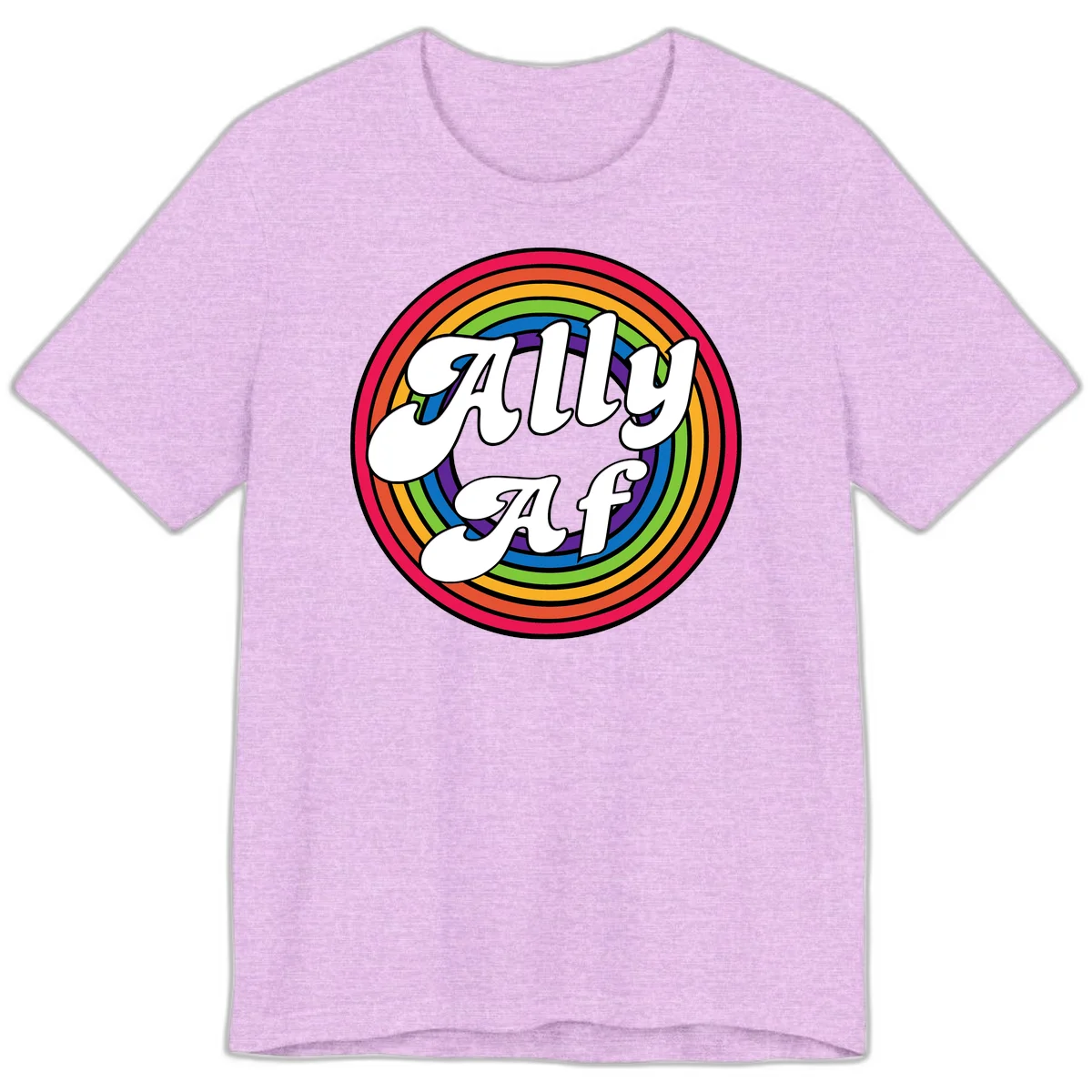 Ally AF pride design with white text surrounded by concentric rainbow circles in full spectrum colors in Heather Prism Lilac