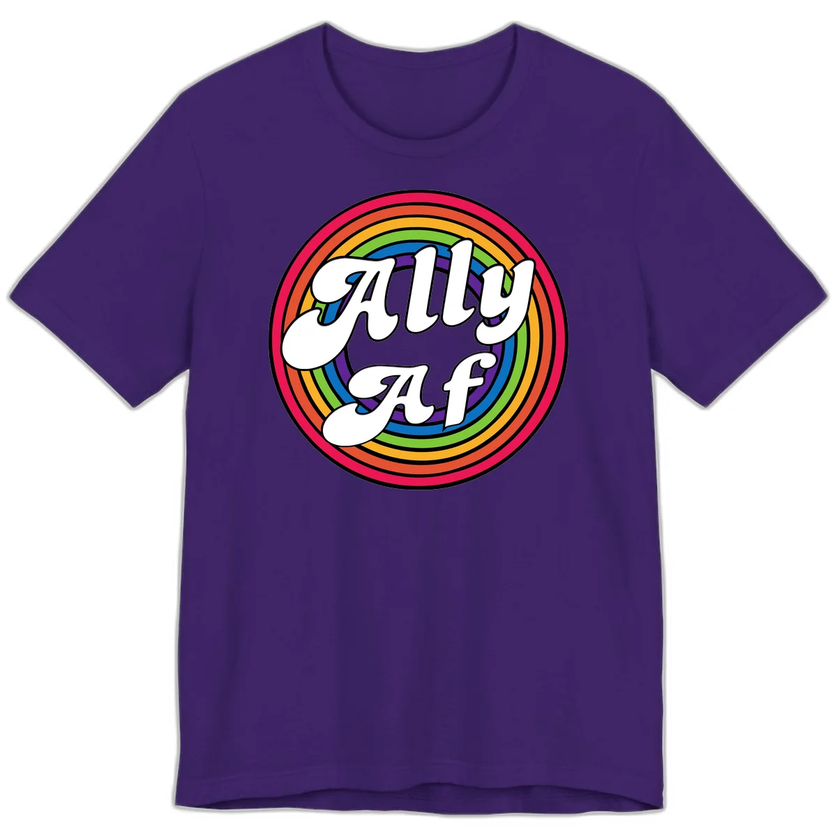 Ally AF pride design with white text surrounded by concentric rainbow circles in full spectrum colors in Team Purple
