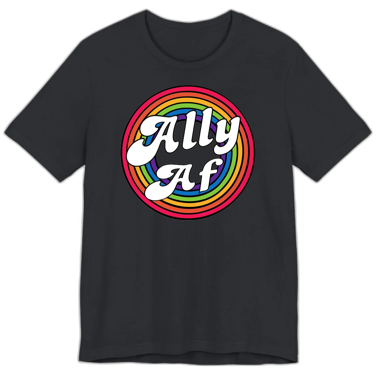Ally AF pride design with white text surrounded by concentric rainbow circles in full spectrum colors in Vintage Black