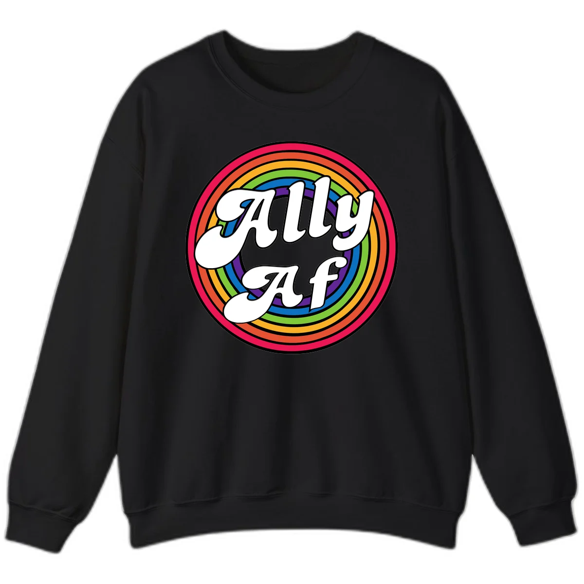 Ally AF pride design with white text surrounded by concentric rainbow circles in full spectrum colors in Black