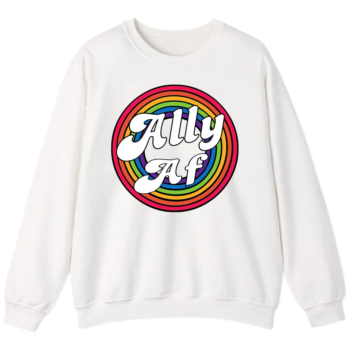 Ally AF pride design with white text surrounded by concentric rainbow circles in full spectrum colors in White
