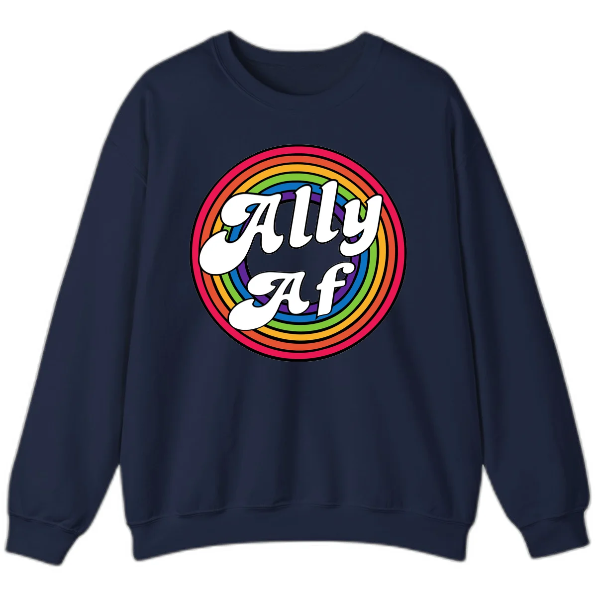 Ally AF pride design with white text surrounded by concentric rainbow circles in full spectrum colors in Navy