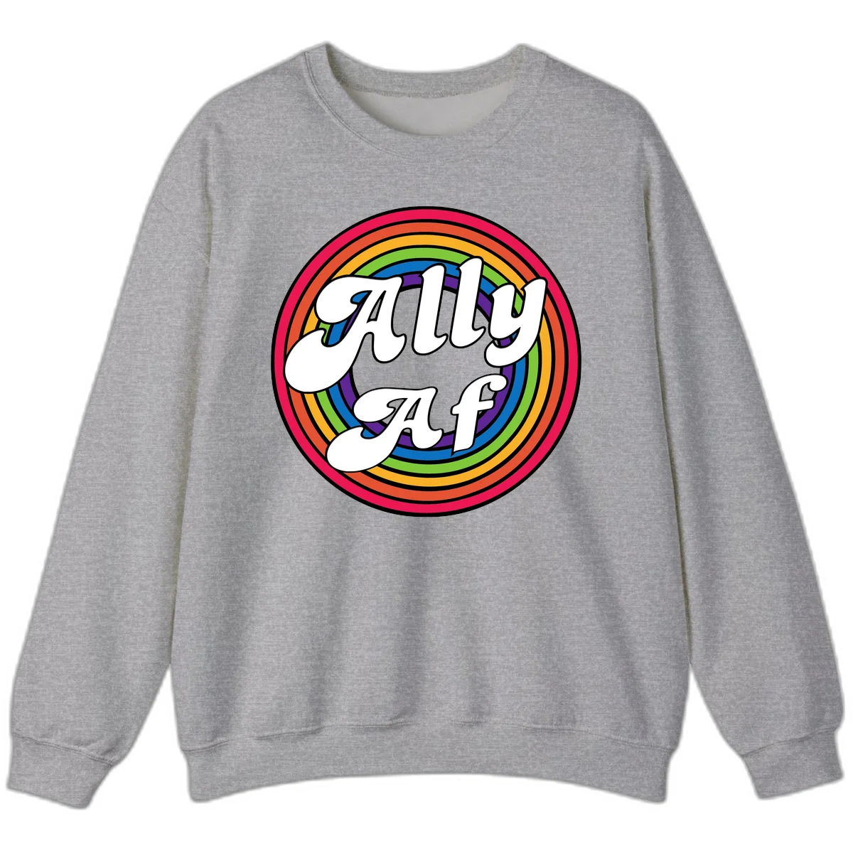 Ally AF pride design with white text surrounded by concentric rainbow circles in full spectrum colors in Sport Grey