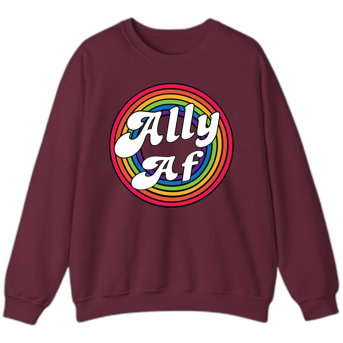 Ally AF pride design with white text surrounded by concentric rainbow circles in full spectrum colors in Maroon