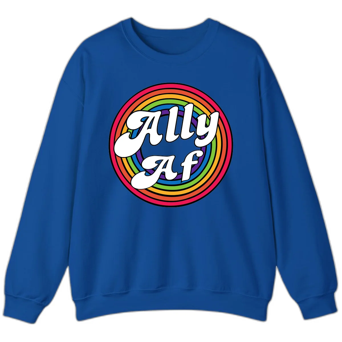 Ally AF pride design with white text surrounded by concentric rainbow circles in full spectrum colors in Royal
