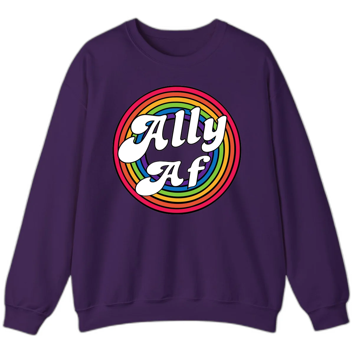 Ally AF pride design with white text surrounded by concentric rainbow circles in full spectrum colors in Purple