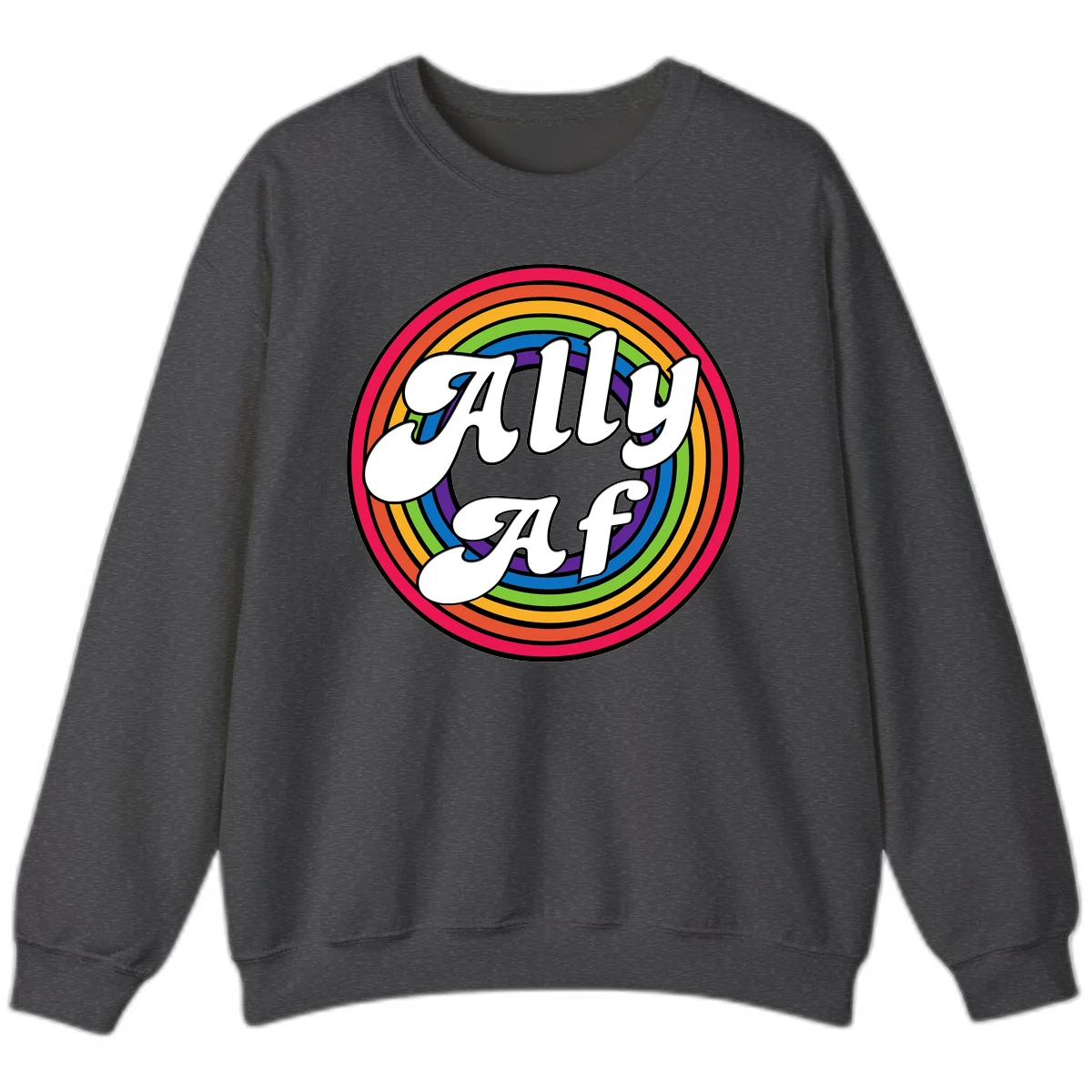 Ally AF pride design with white text surrounded by concentric rainbow circles in full spectrum colors in Dark Heather