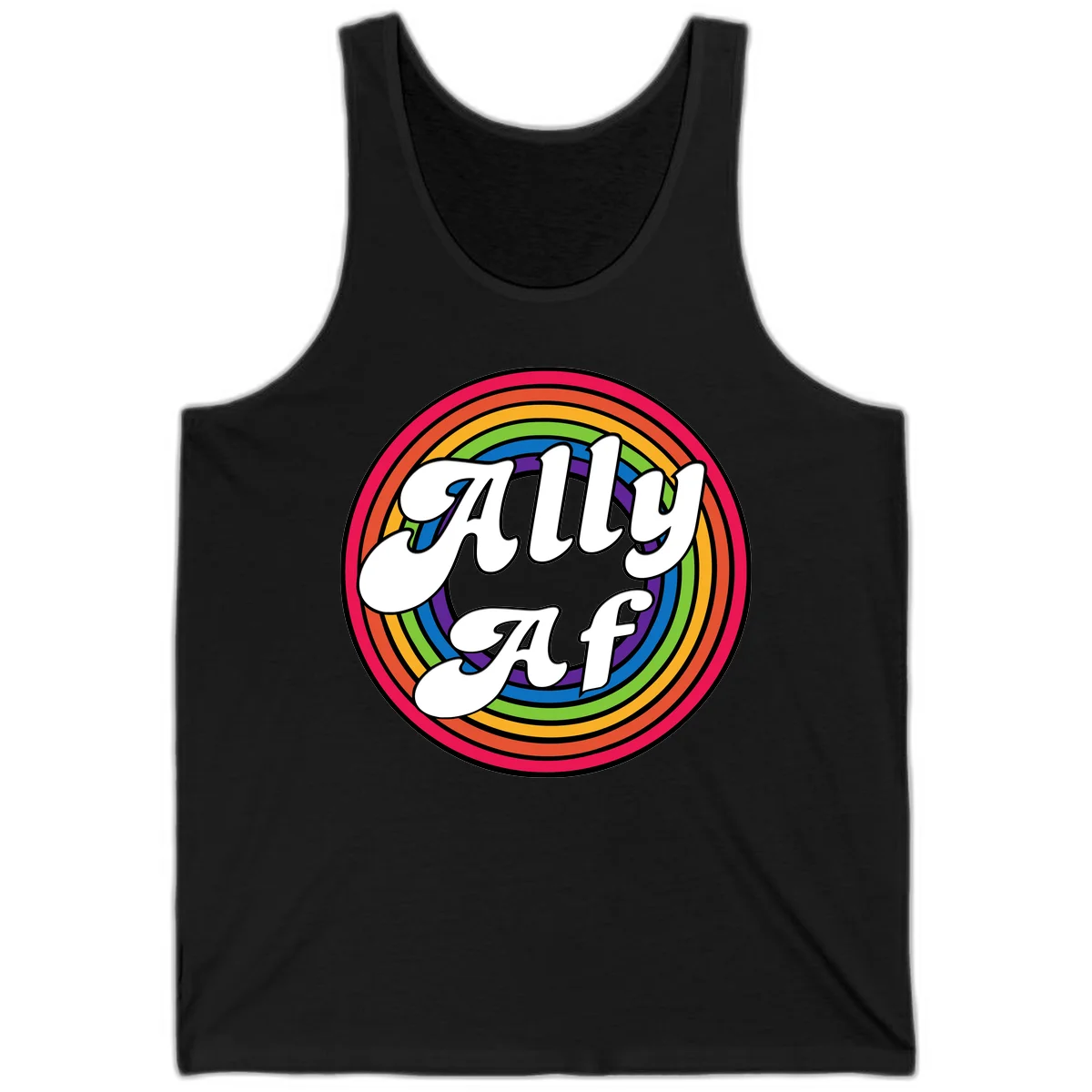 Ally AF pride design with white text surrounded by concentric rainbow circles in full spectrum colors in Black