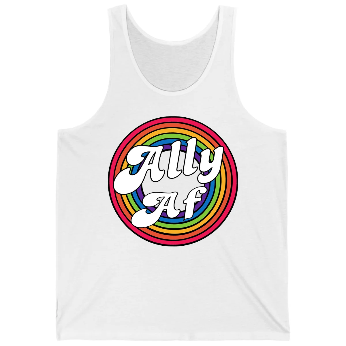 Ally AF pride design with white text surrounded by concentric rainbow circles in full spectrum colors in White