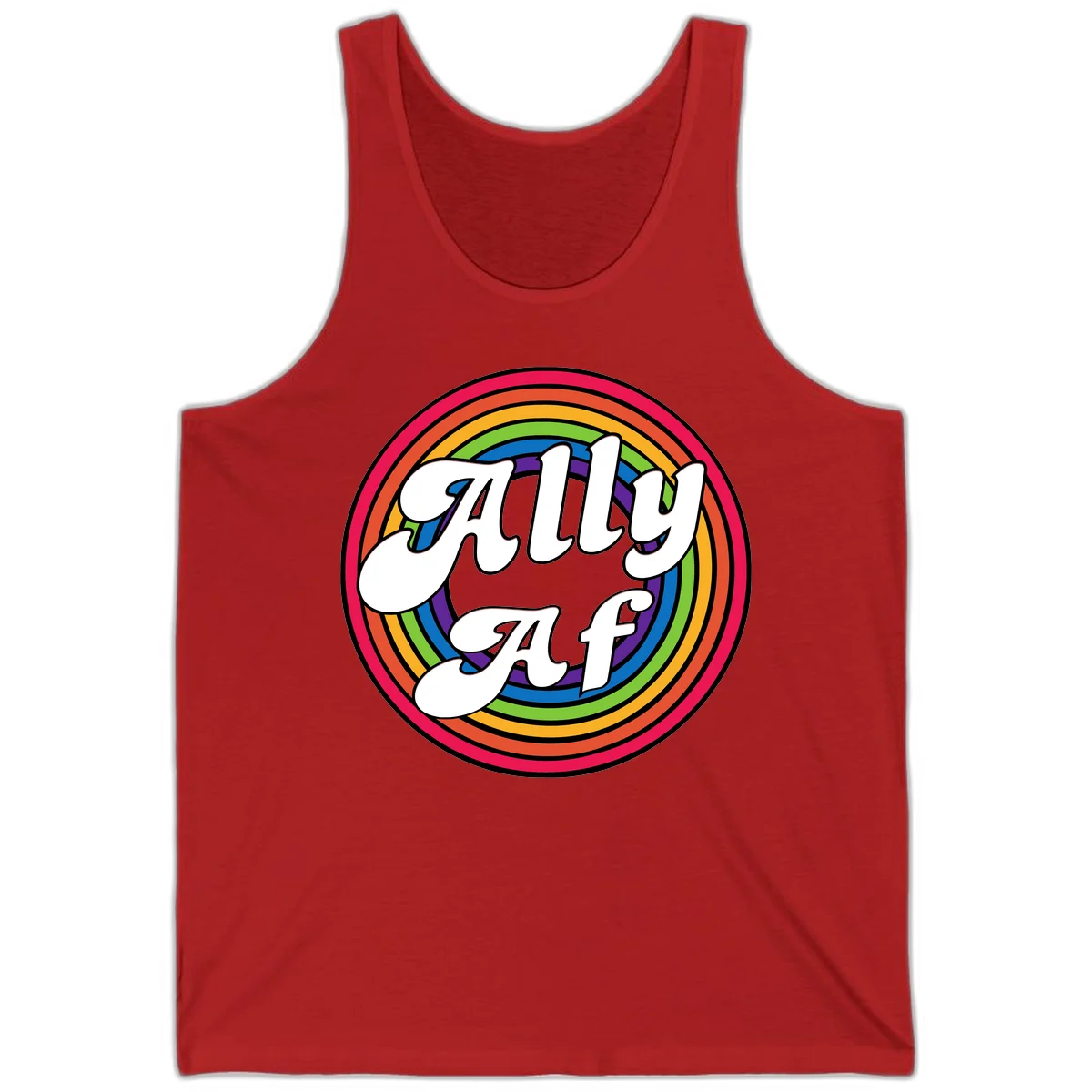 Ally AF pride design with white text surrounded by concentric rainbow circles in full spectrum colors in Red