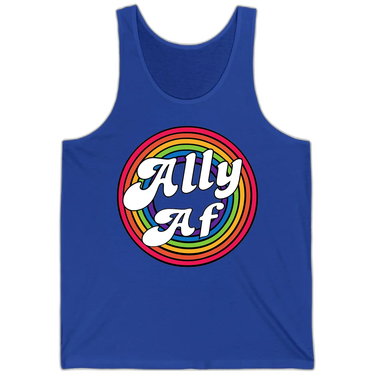 Ally AF pride design with white text surrounded by concentric rainbow circles in full spectrum colors in True Royal