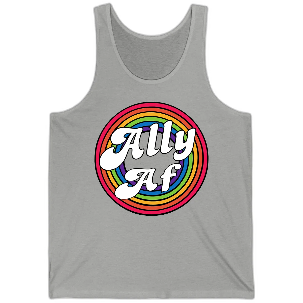 Ally AF pride design with white text surrounded by concentric rainbow circles in full spectrum colors in Athletic Heather