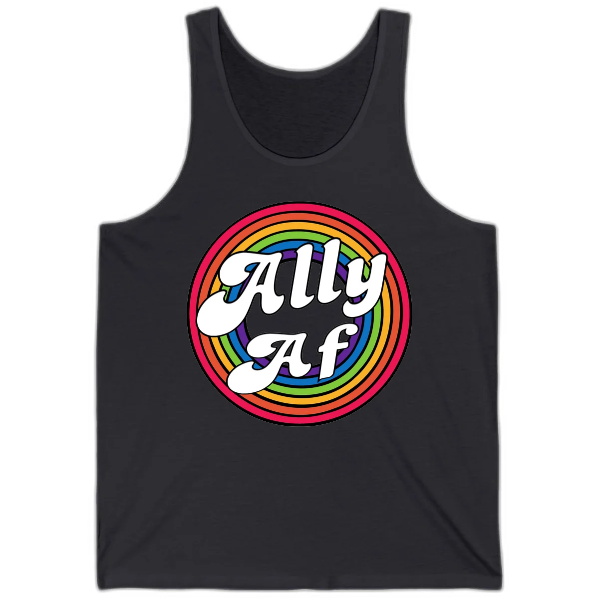 Ally AF pride design with white text surrounded by concentric rainbow circles in full spectrum colors in Dark Grey