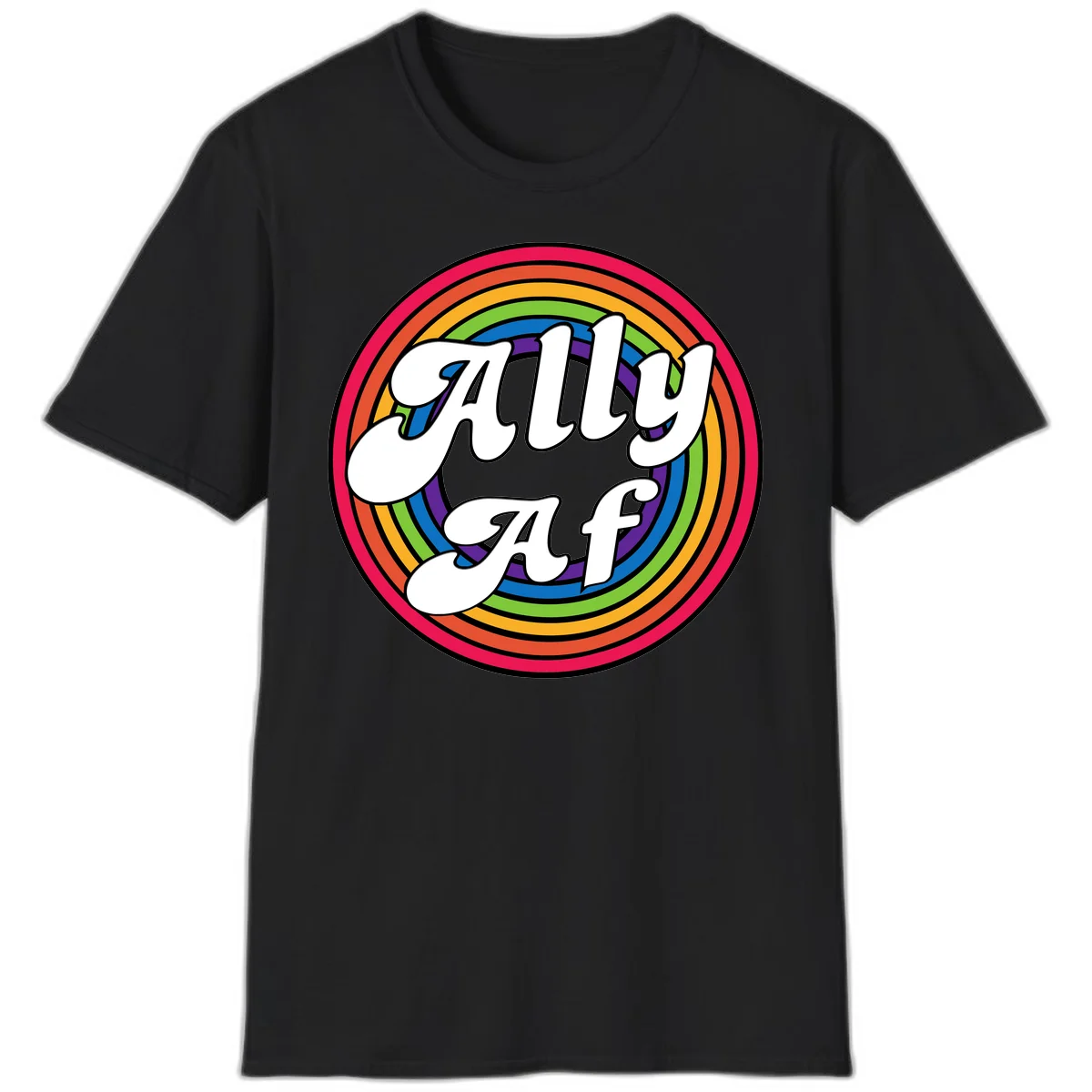Ally AF pride design with white text surrounded by concentric rainbow circles in full spectrum colors in Black