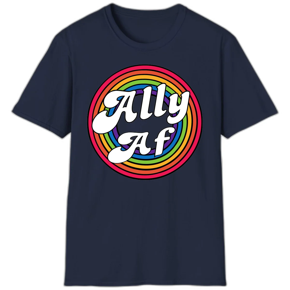 Ally AF pride design with white text surrounded by concentric rainbow circles in full spectrum colors in Navy