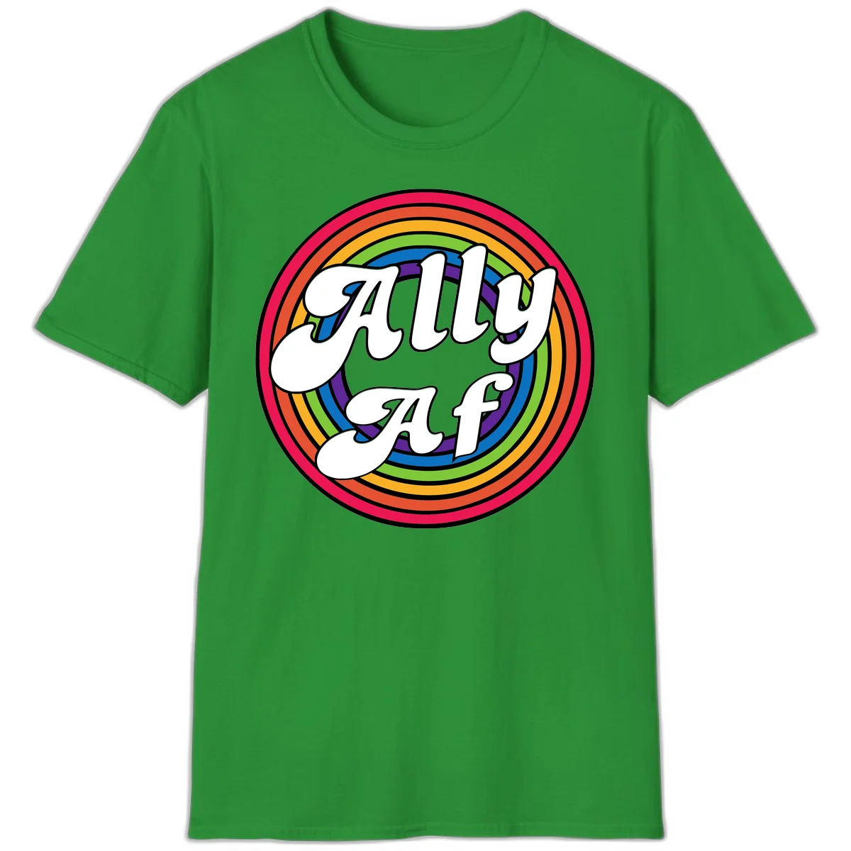Ally AF pride design with white text surrounded by concentric rainbow circles in full spectrum colors in Irish Green