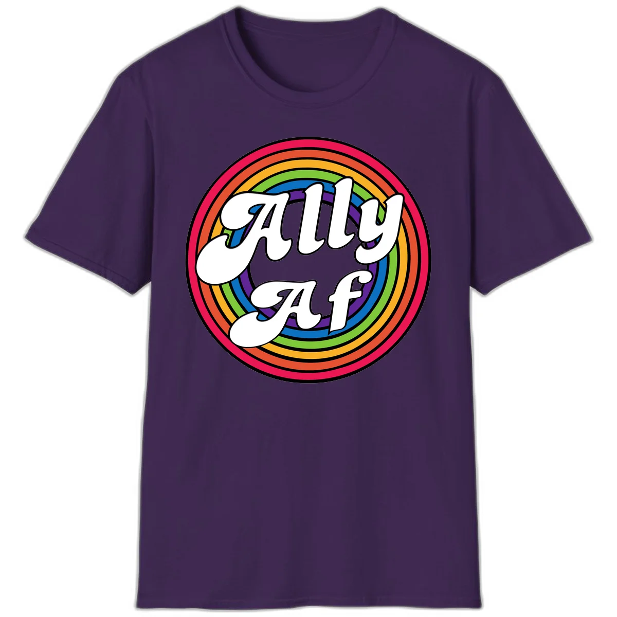 Ally AF pride design with white text surrounded by concentric rainbow circles in full spectrum colors in Purple