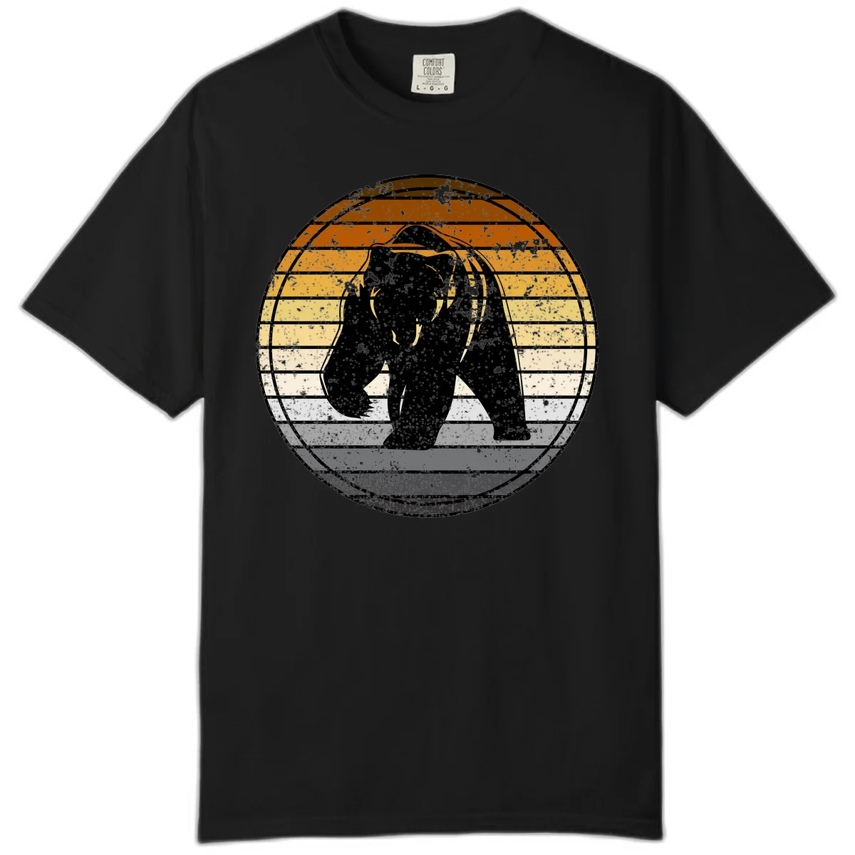 Retro bear sunset design with horizontal gradient stripes in orange, yellow, and cream tones on distressed background in Black