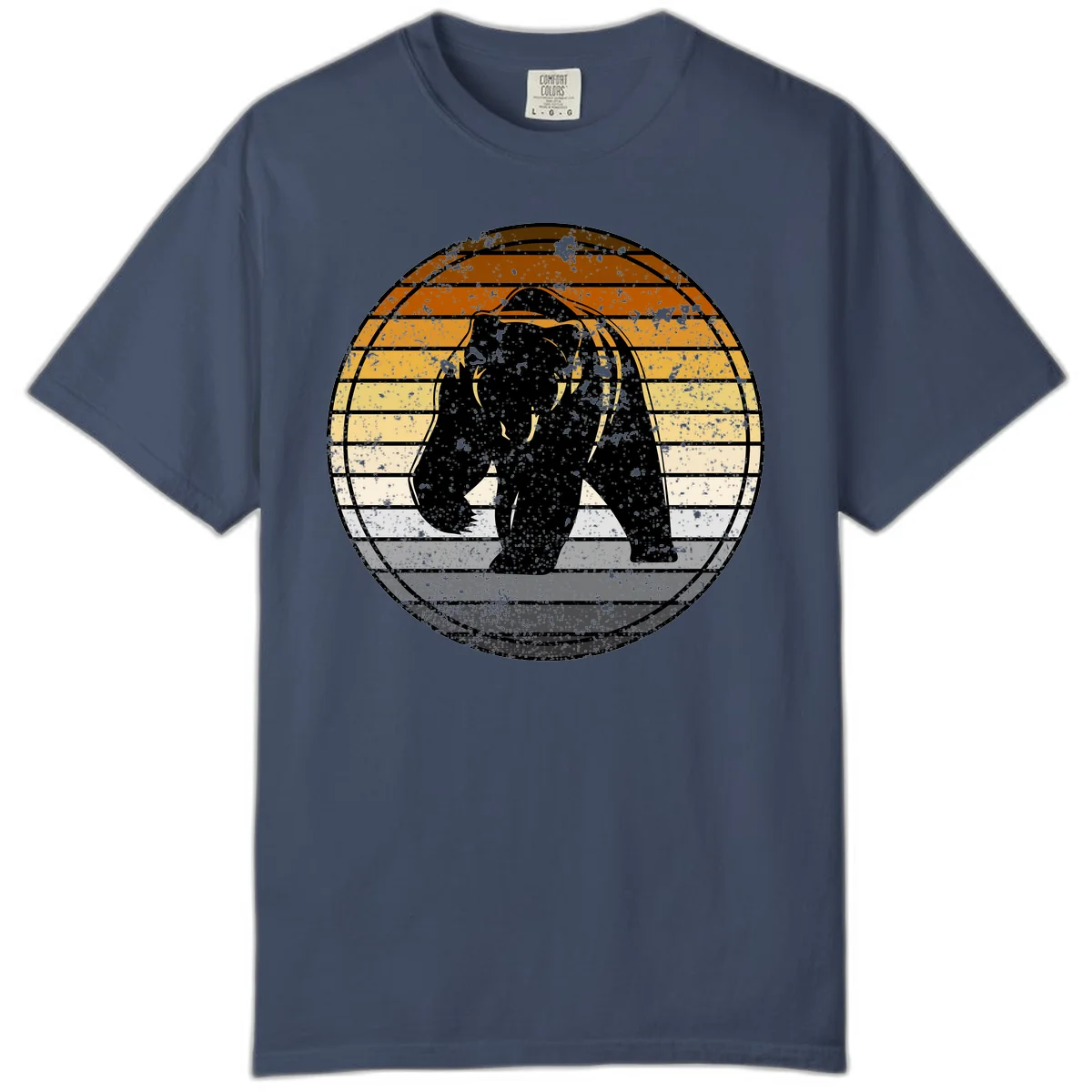 Retro bear sunset design with horizontal gradient stripes in orange, yellow, and cream tones on distressed background in Midnight