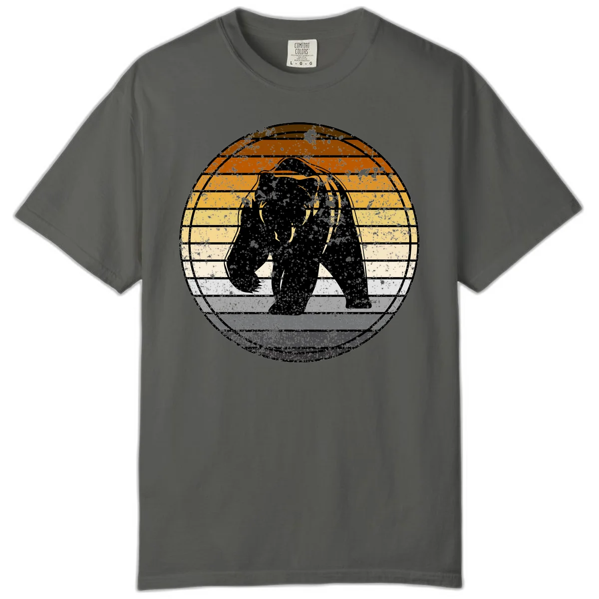 Retro bear sunset design with horizontal gradient stripes in orange, yellow, and cream tones on distressed background in Pepper