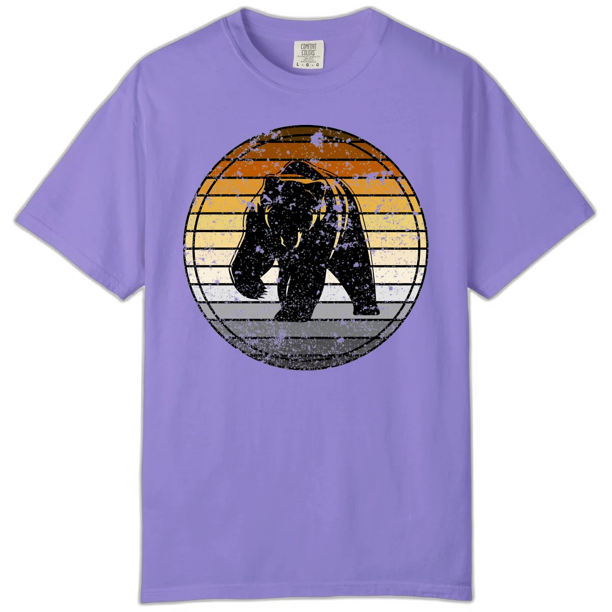 Retro bear sunset design with horizontal gradient stripes in orange, yellow, and cream tones on distressed background in Violet