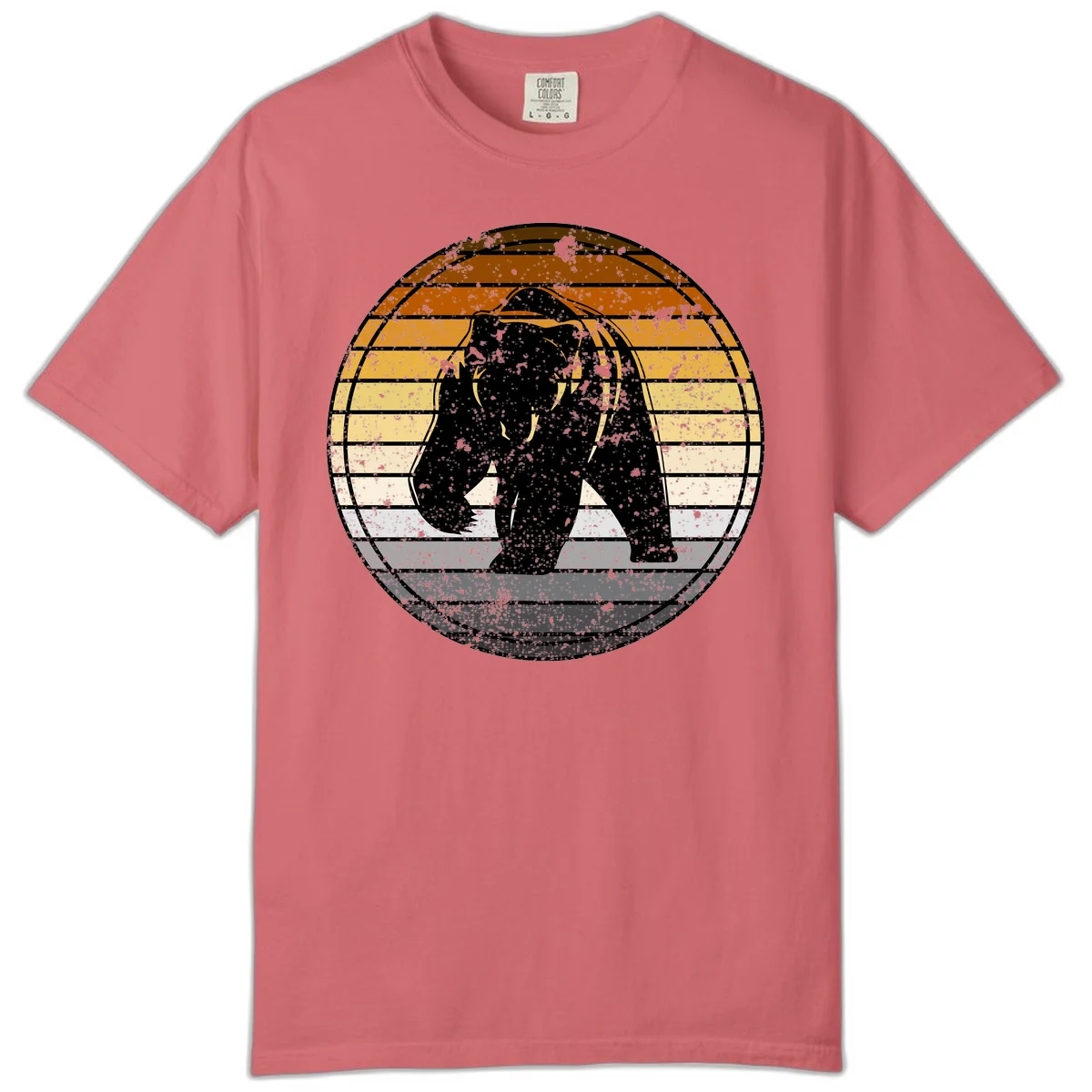 Retro bear sunset design with horizontal gradient stripes in orange, yellow, and cream tones on distressed background in Watermelon