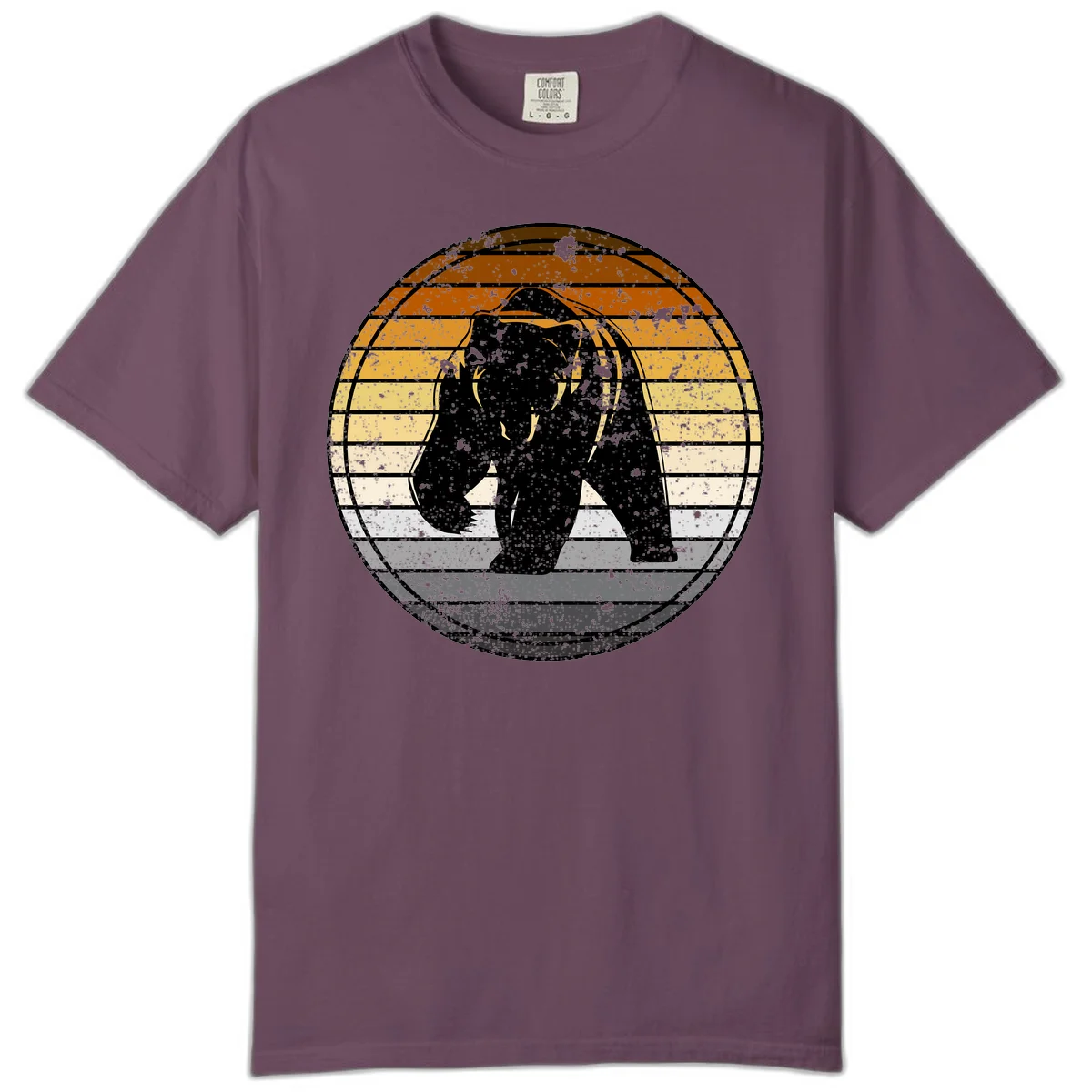 Retro bear sunset design with horizontal gradient stripes in orange, yellow, and cream tones on distressed background in Berry