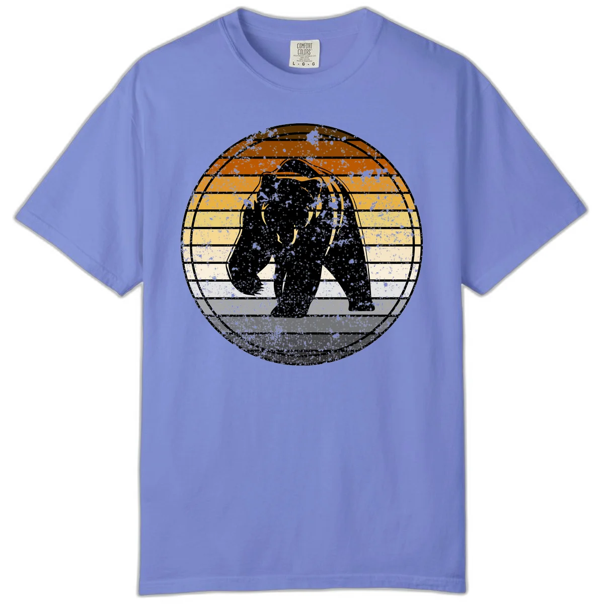 Retro bear sunset design with horizontal gradient stripes in orange, yellow, and cream tones on distressed background in Flo Blue