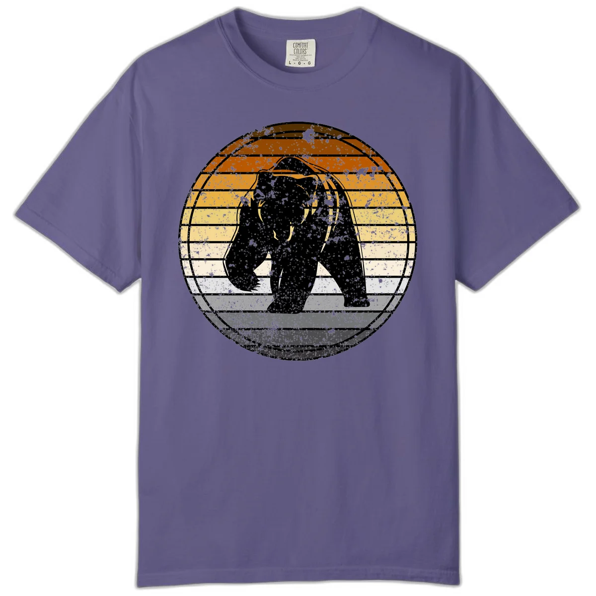 Retro bear sunset design with horizontal gradient stripes in orange, yellow, and cream tones on distressed background in Grape