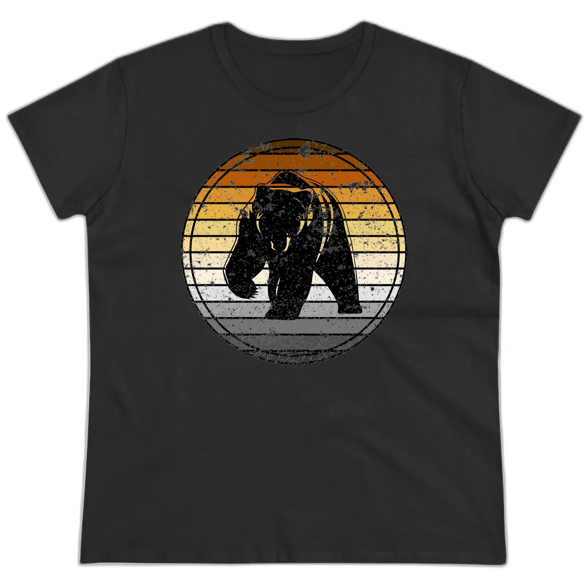Retro bear sunset design with horizontal gradient stripes in orange, yellow, and cream tones on distressed background in Black