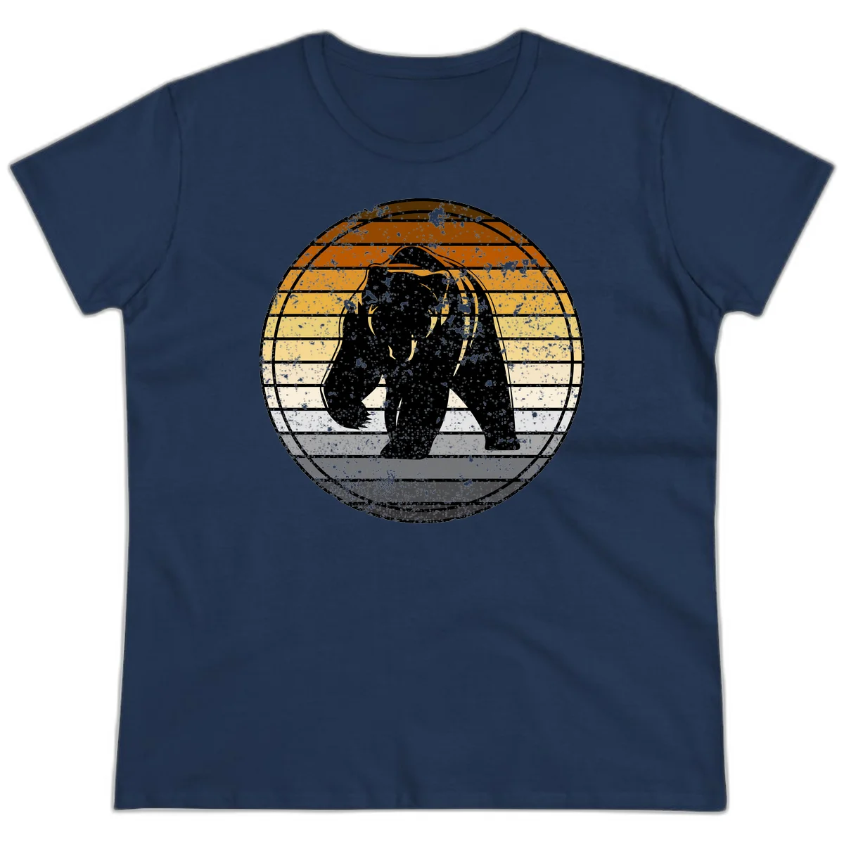 Retro bear sunset design with horizontal gradient stripes in orange, yellow, and cream tones on distressed background in Navy