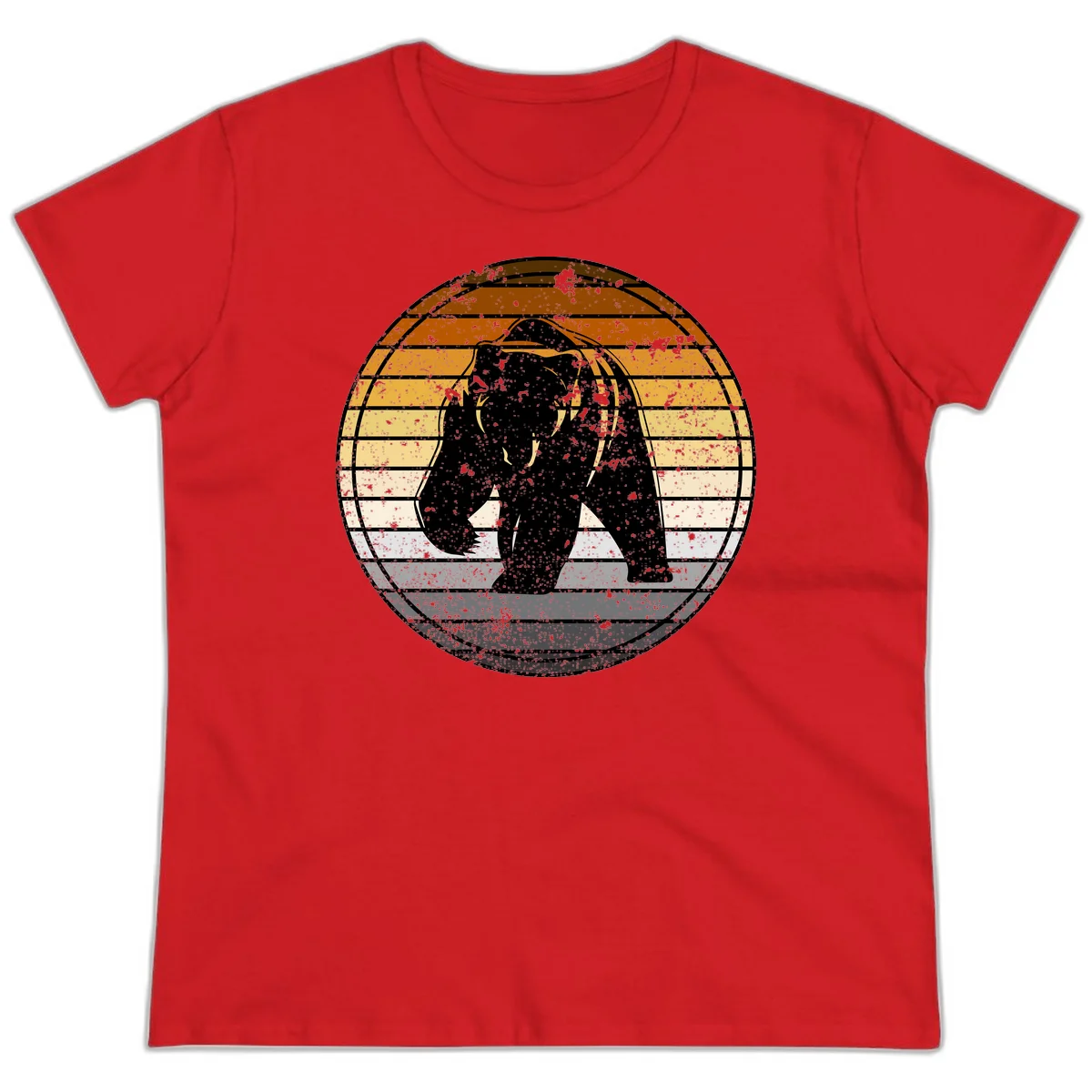 Retro bear sunset design with horizontal gradient stripes in orange, yellow, and cream tones on distressed background in Red