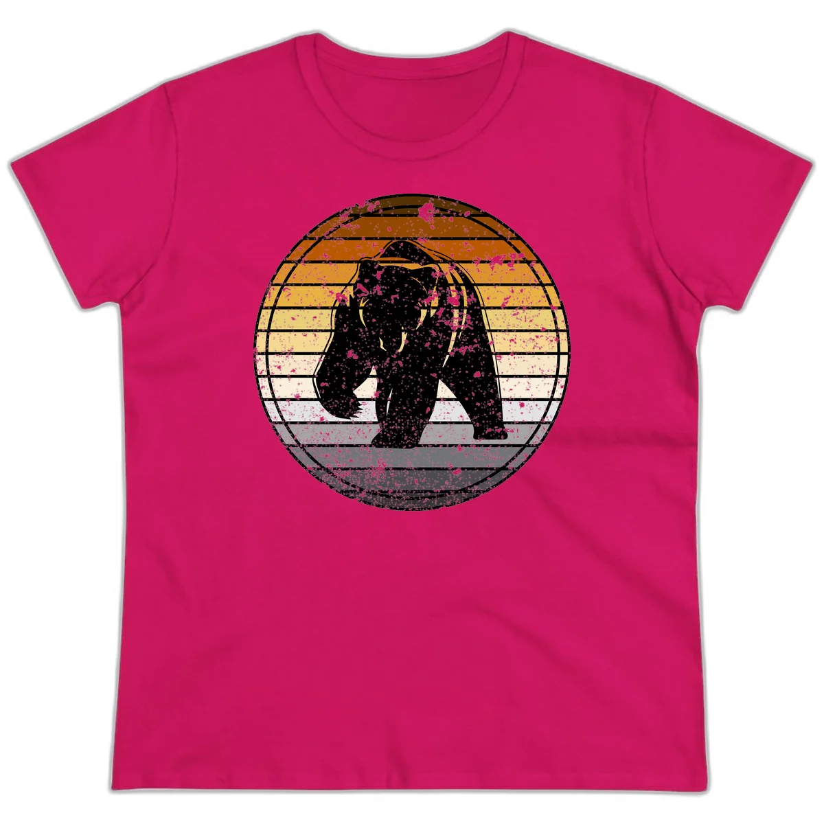 Retro bear sunset design with horizontal gradient stripes in orange, yellow, and cream tones on distressed background in Heliconia